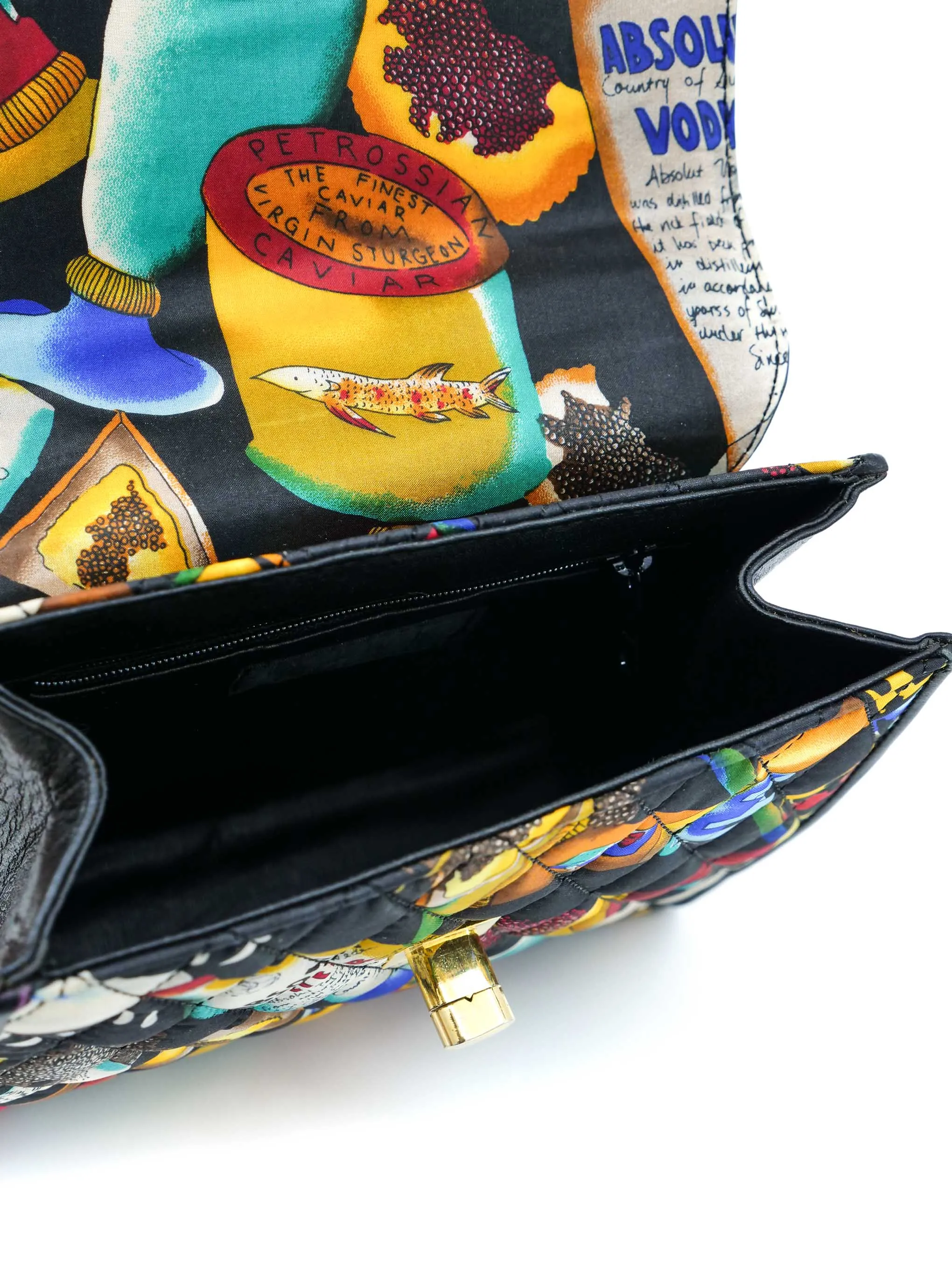 1990s Nicole Miller Quilted Alcohol And Caviar Print Top Handle Bag