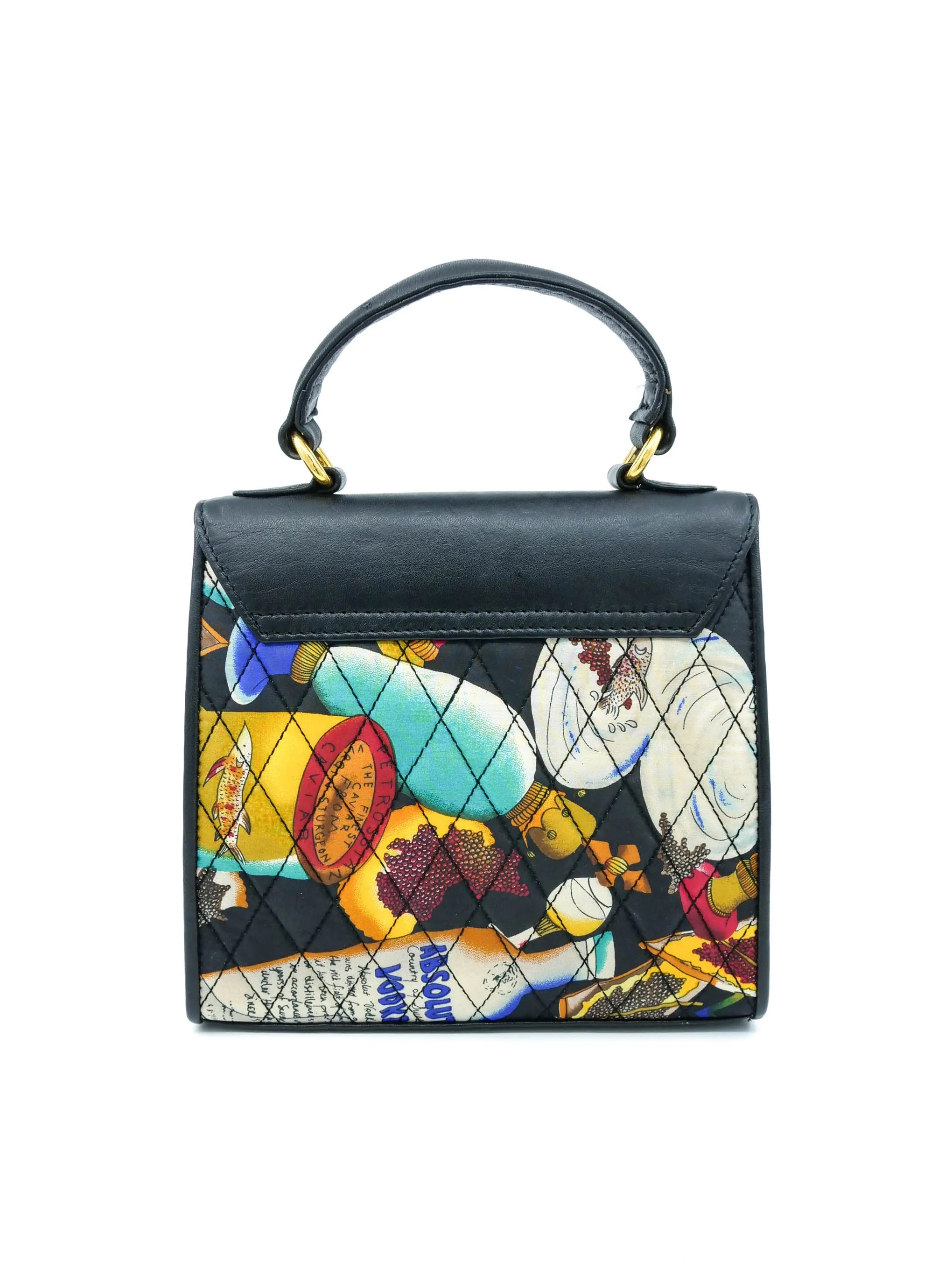 1990s Nicole Miller Quilted Alcohol And Caviar Print Top Handle Bag