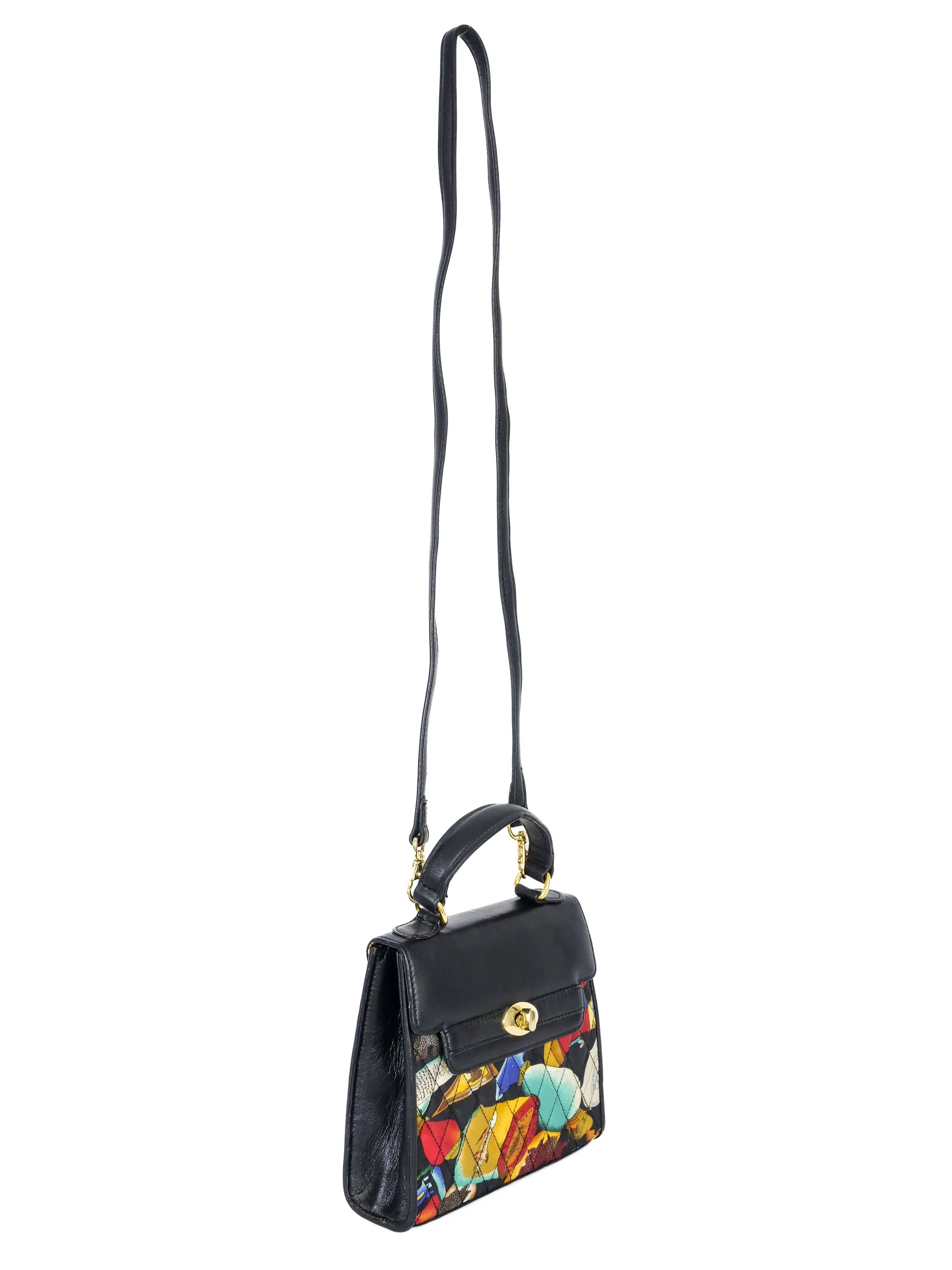 1990s Nicole Miller Quilted Alcohol And Caviar Print Top Handle Bag