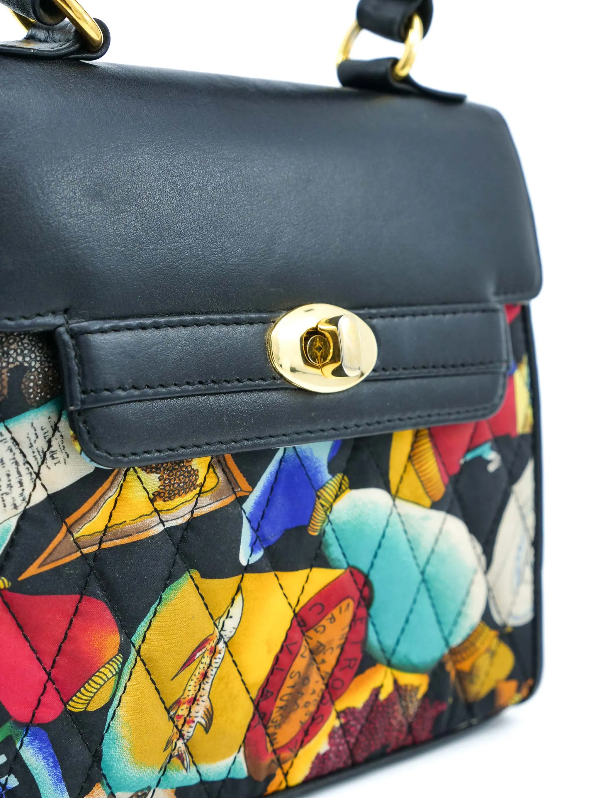 1990s Nicole Miller Quilted Alcohol And Caviar Print Top Handle Bag