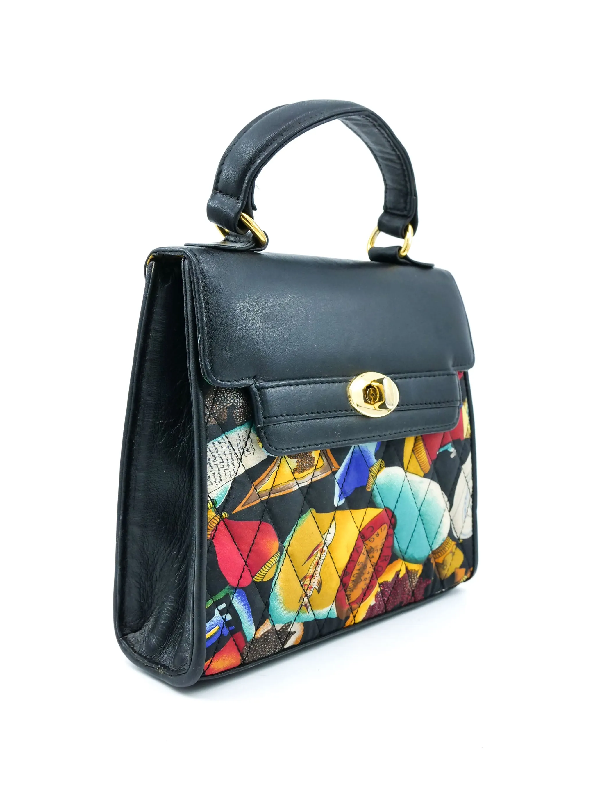 1990s Nicole Miller Quilted Alcohol And Caviar Print Top Handle Bag
