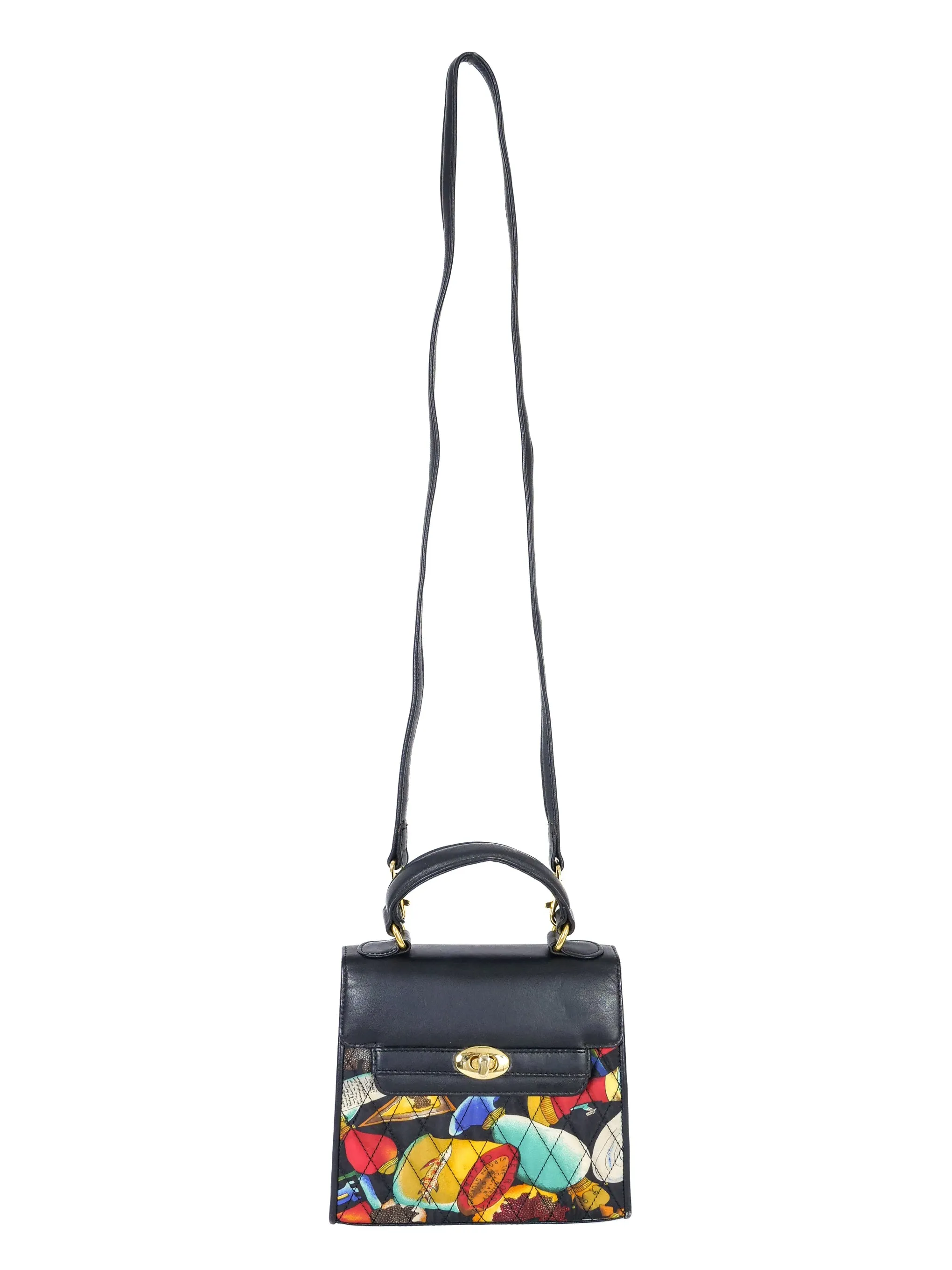1990s Nicole Miller Quilted Alcohol And Caviar Print Top Handle Bag