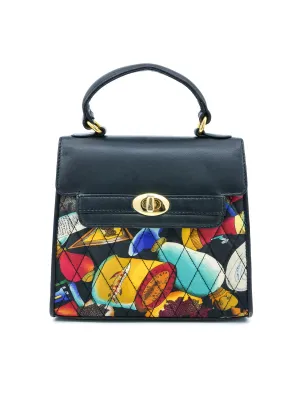 1990s Nicole Miller Quilted Alcohol And Caviar Print Top Handle Bag