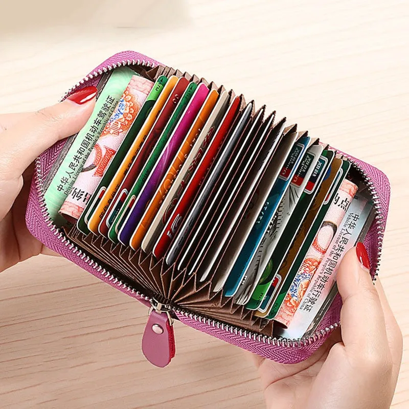 20/30/45 Cards Genuine Leather Card Holder Wallet for Men and Women RFID Zipper Business Credit Card ID Holder Clutch Bag
