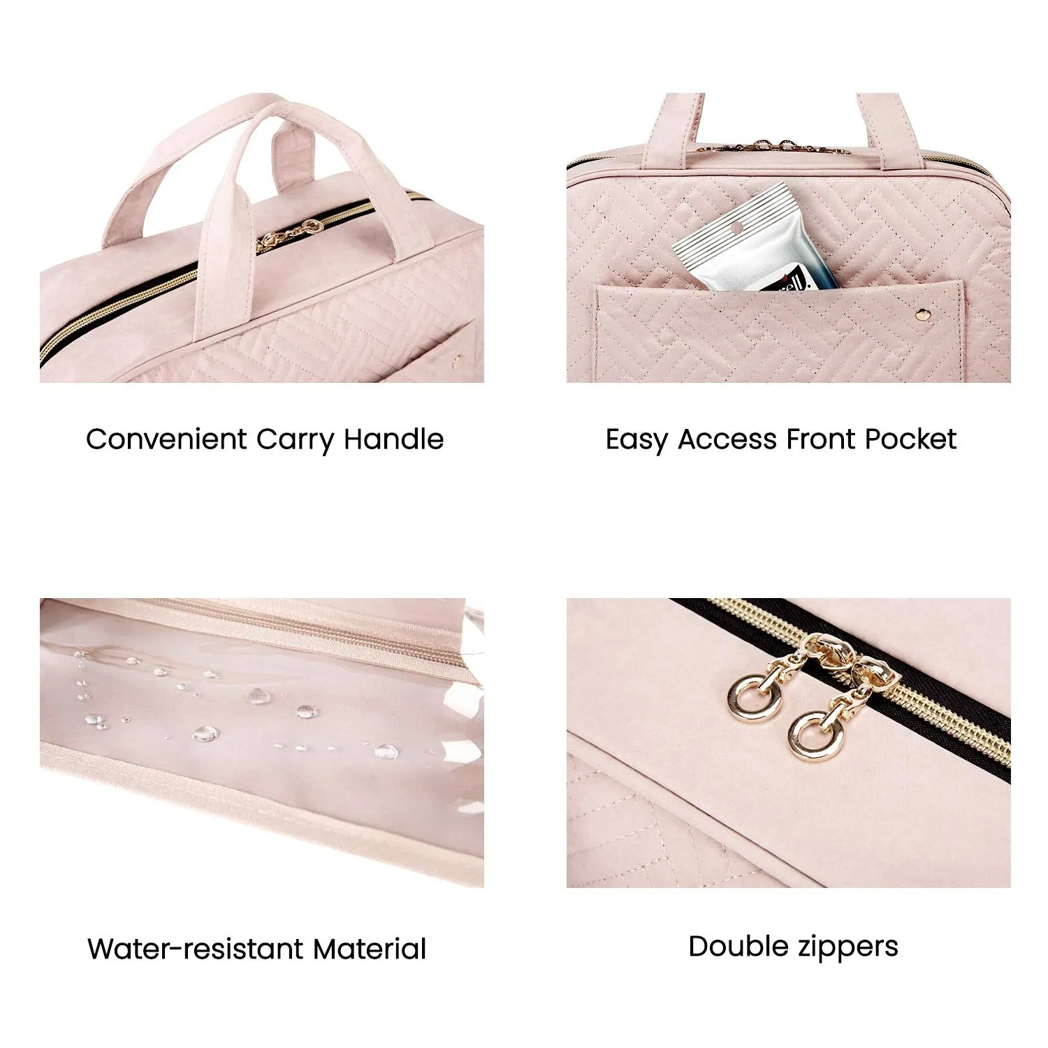 BAGSMART Toiletry Bag Travel Bag with Hanging Hook, Water-resistant Makeup Cosmetic Bag Travel Organizer for Accessories, Shampoo, Full Sized Container, Toiletries Pink Large