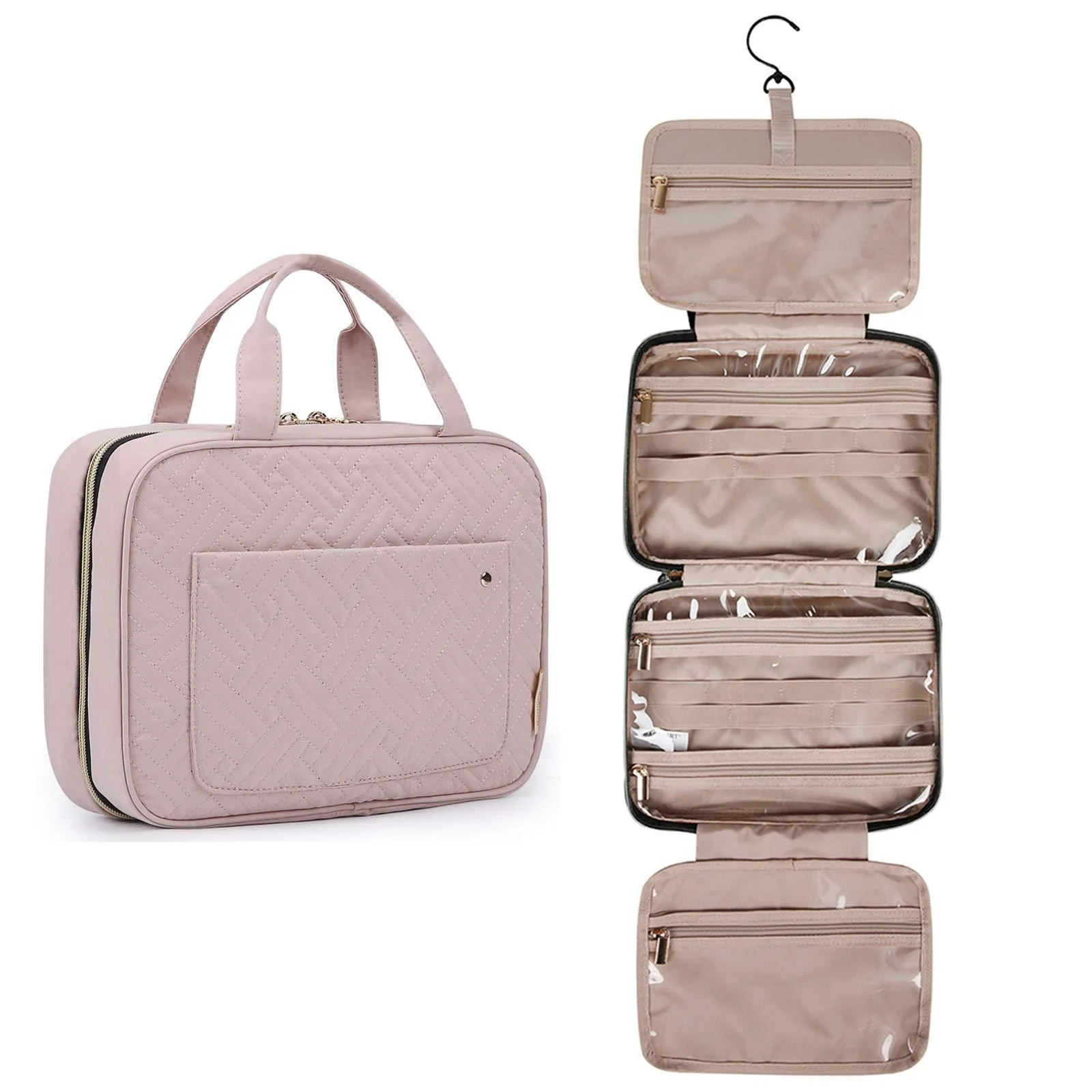 BAGSMART Toiletry Bag Travel Bag with Hanging Hook, Water-resistant Makeup Cosmetic Bag Travel Organizer for Accessories, Shampoo, Full Sized Container, Toiletries Pink Large