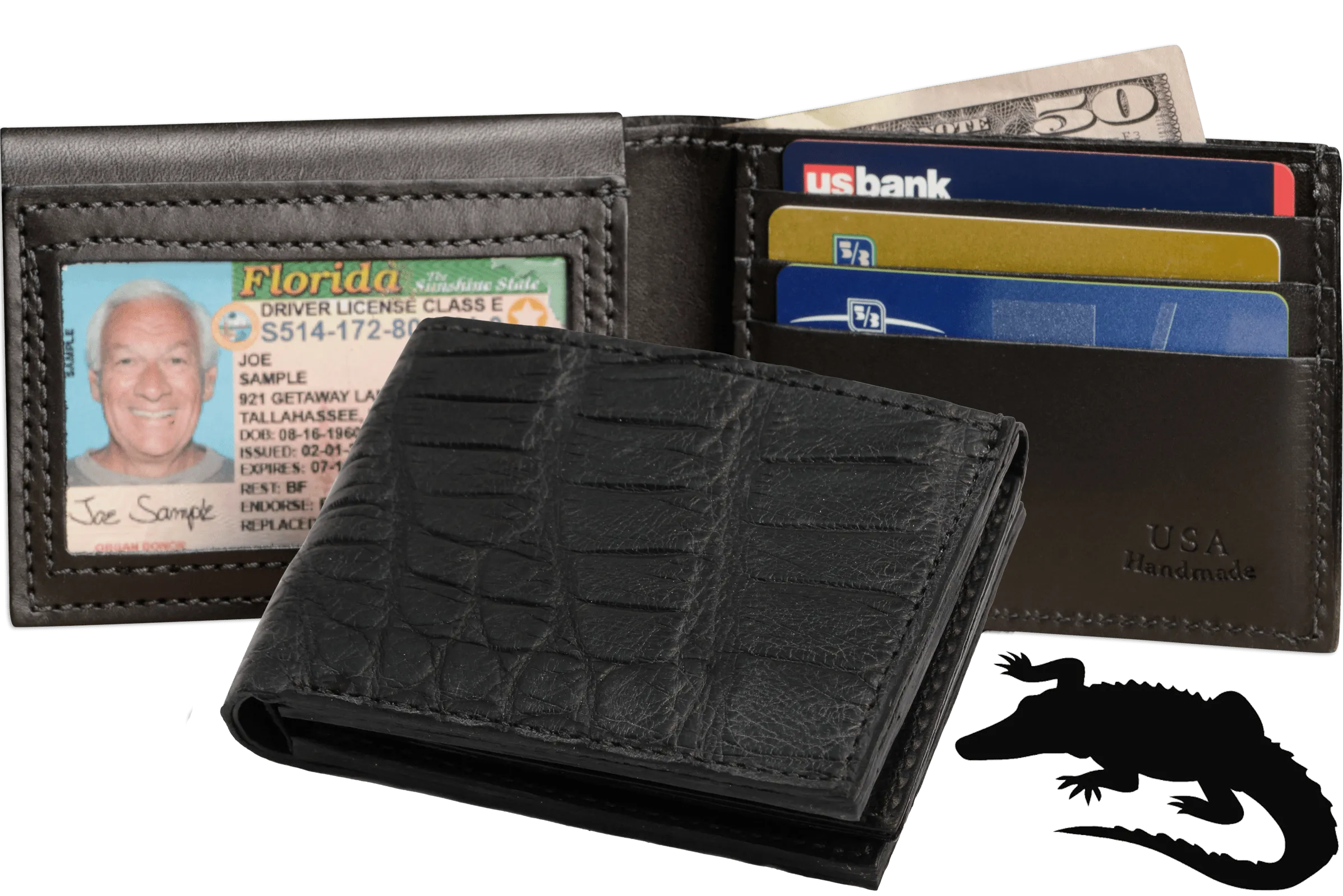 Black Alligator Luxury Designer Exotic Bifold Wallet With Flip Up ID Window