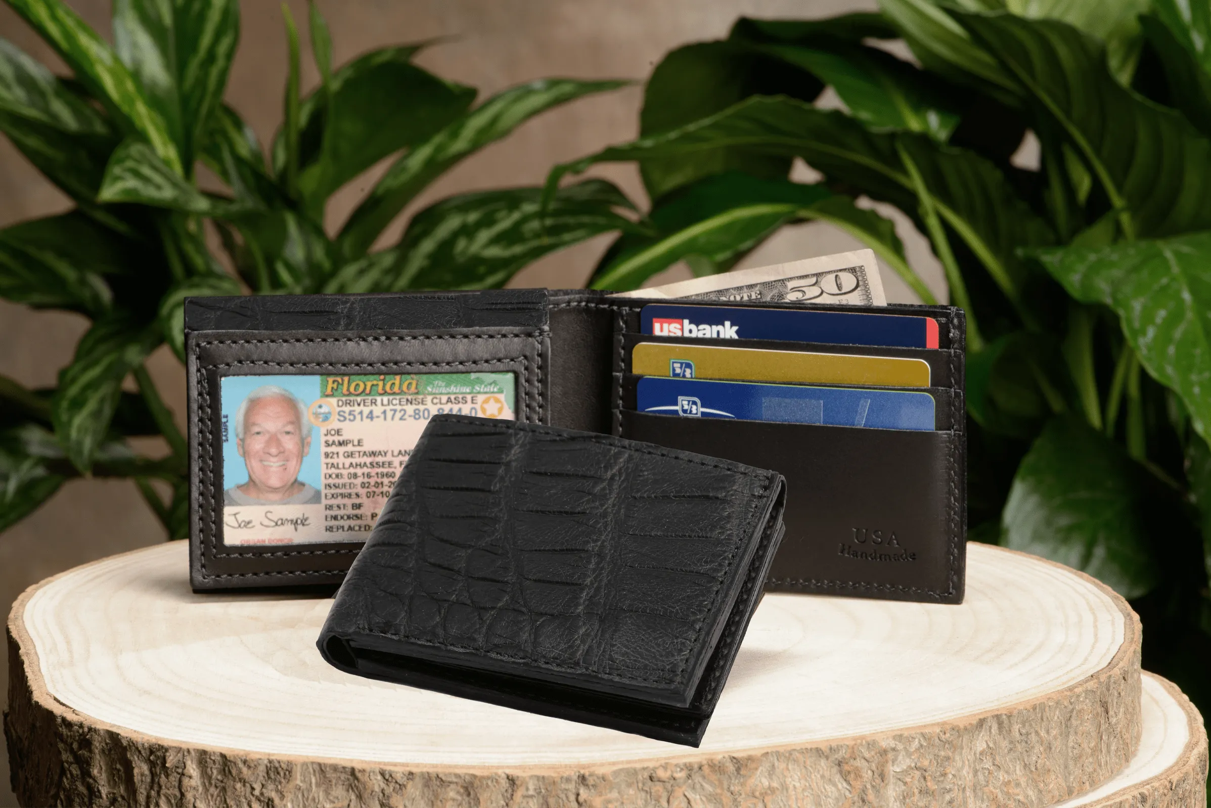 Black Alligator Luxury Designer Exotic Bifold Wallet With Flip Up ID Window