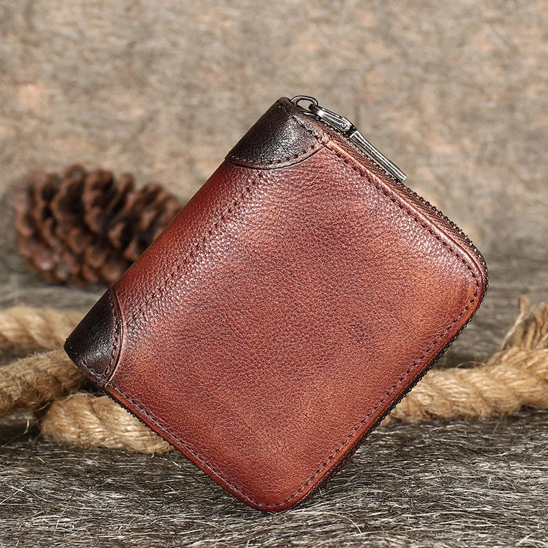 Black Small Leather Bifold Wallet Around Zip Billfold Cute Women Zipper Wallet For Ladies