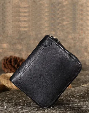 Black Small Leather Bifold Wallet Around Zip Billfold Cute Women Zipper Wallet For Ladies