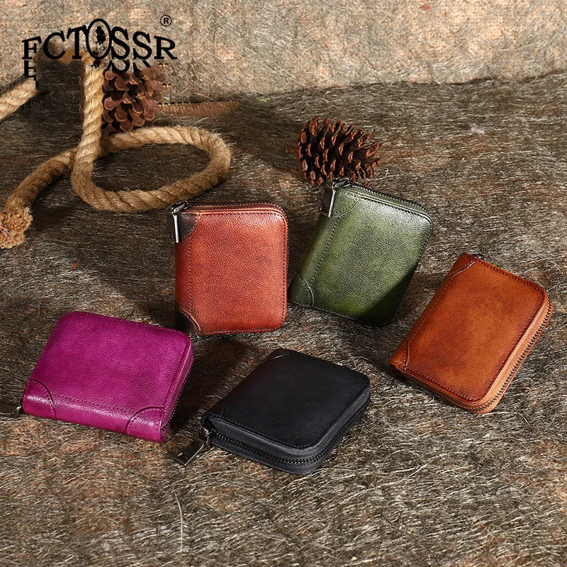 Black Small Leather Bifold Wallet Around Zip Billfold Cute Women Zipper Wallet For Ladies