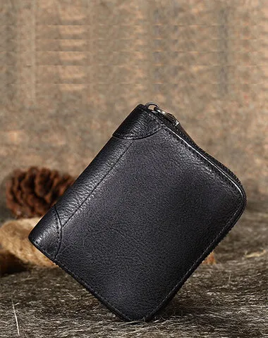 Black Small Leather Bifold Wallet Around Zip Billfold Cute Women Zipper Wallet For Ladies