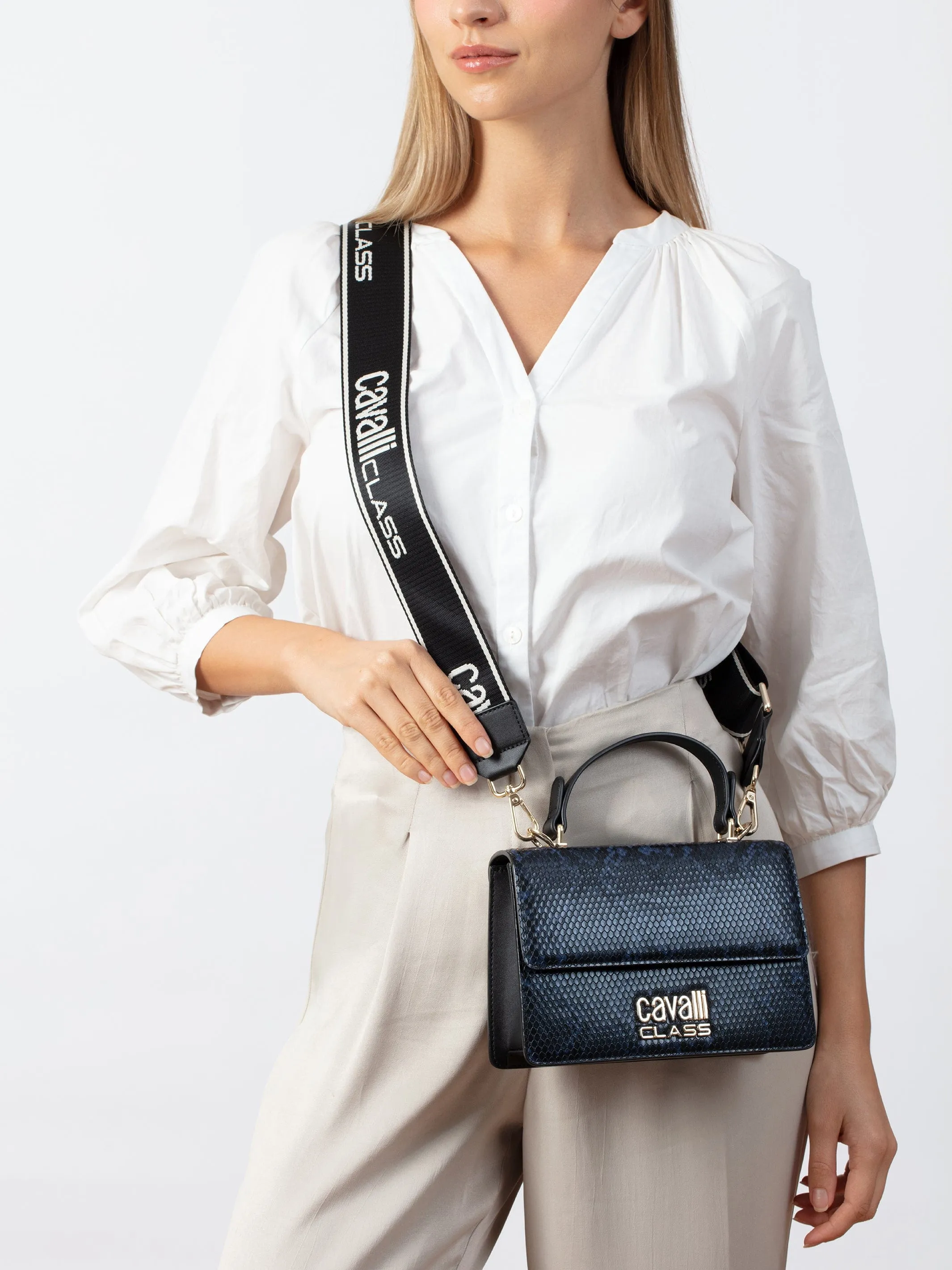 Cavalli Class MILANO Navy Medium Snakeskin Textured Medium Top Handle