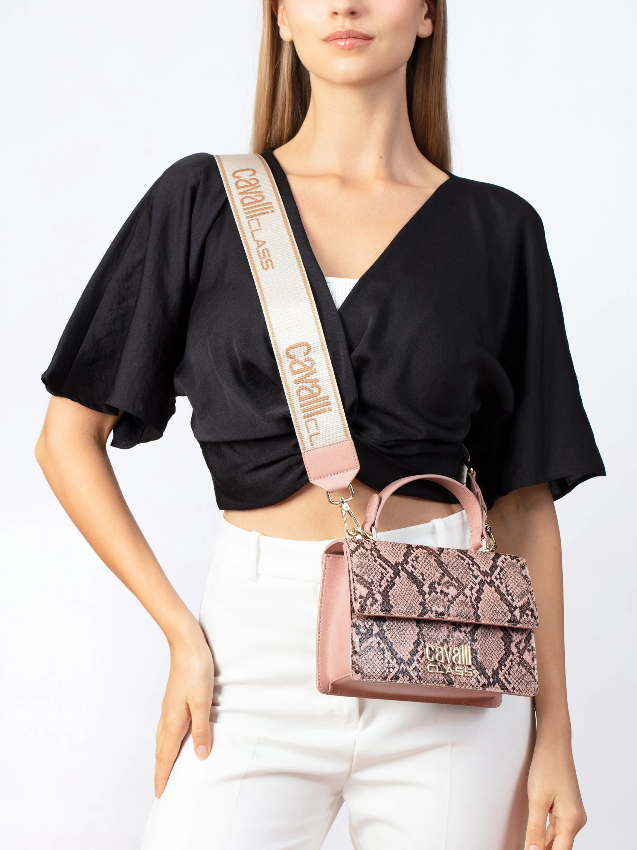 Cavalli Class MILANO Pink Medium Snakeskin Textured Medium Top Handle