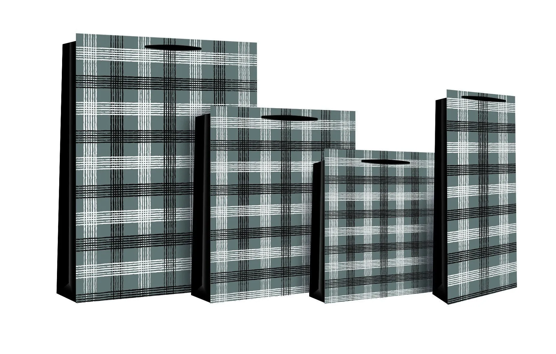 Check Design Gift Bottle Bag 13 x 9 x 36cm - Black & Silver Check