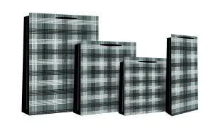 Check Design Gift Bottle Bag 13 x 9 x 36cm - Black & Silver Check
