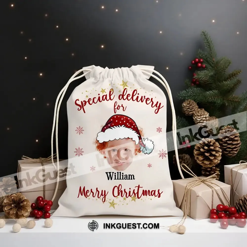 Christmas Special Delivery Custom Photo And Name, Personalized String Bag, Christmas Gift