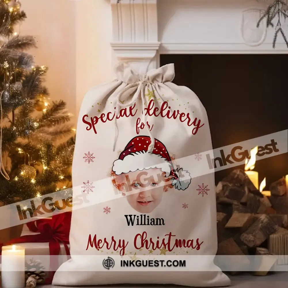 Christmas Special Delivery Custom Photo And Name, Personalized String Bag, Christmas Gift