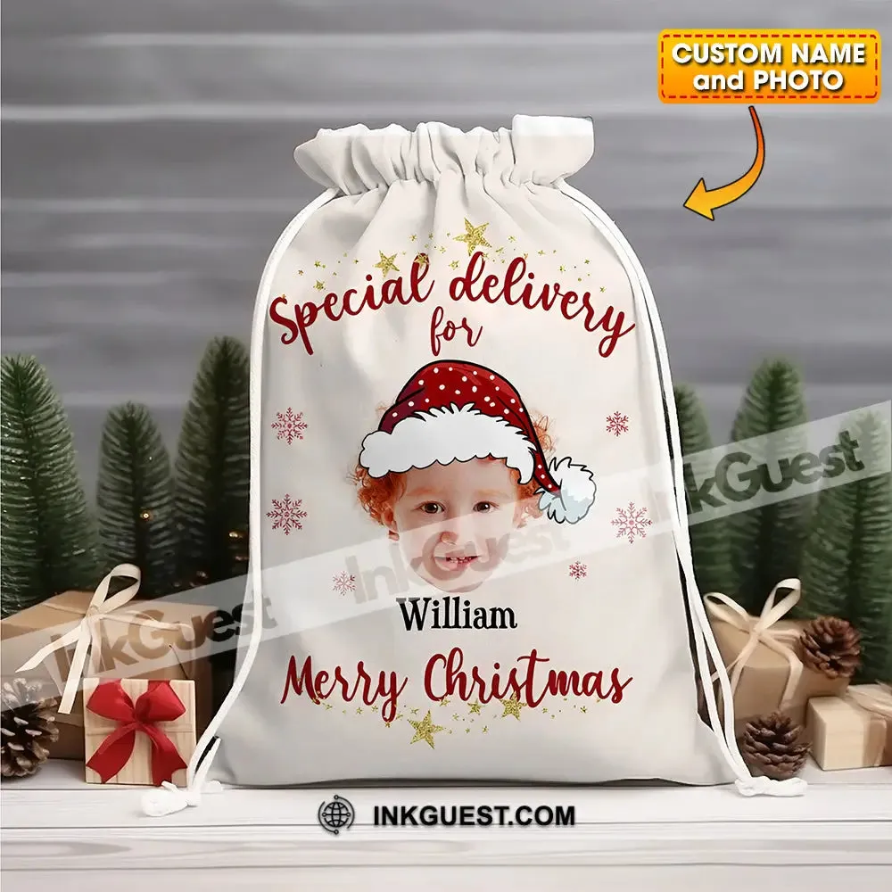 Christmas Special Delivery Custom Photo And Name, Personalized String Bag, Christmas Gift