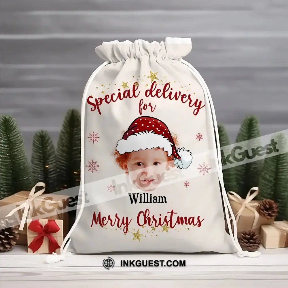 Christmas Special Delivery Custom Photo And Name, Personalized String Bag, Christmas Gift