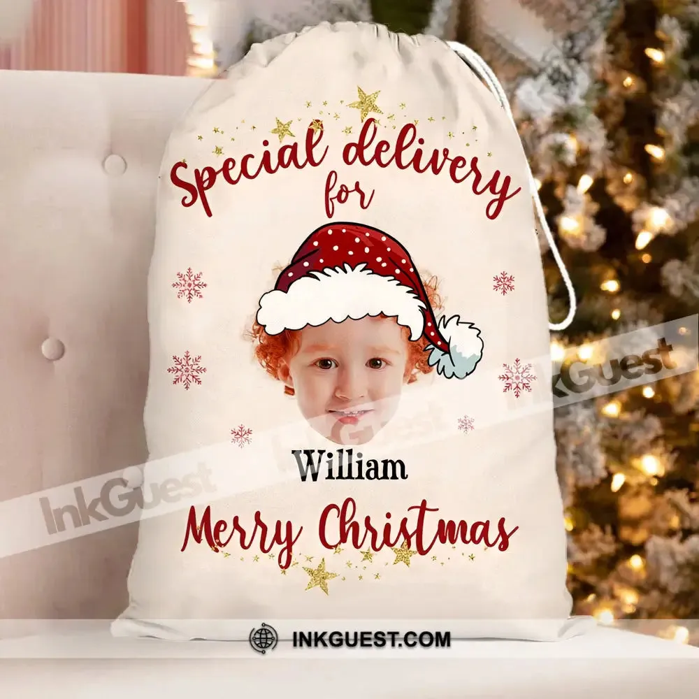 Christmas Special Delivery Custom Photo And Name, Personalized String Bag, Christmas Gift