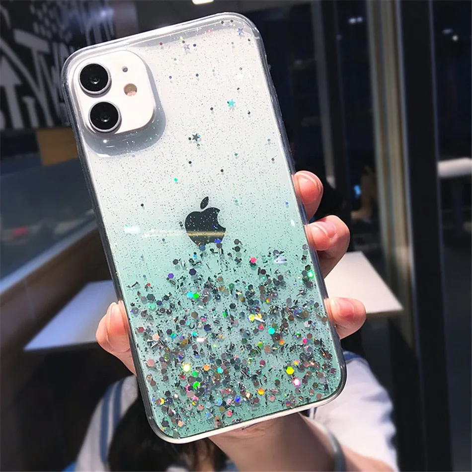 Clear Glitter Phone Case iPhone 13 12 Pro 11 Pro Max XS Max XR X 12Mini SE 2020 Cute Gradient Rainbow Sequins Cover