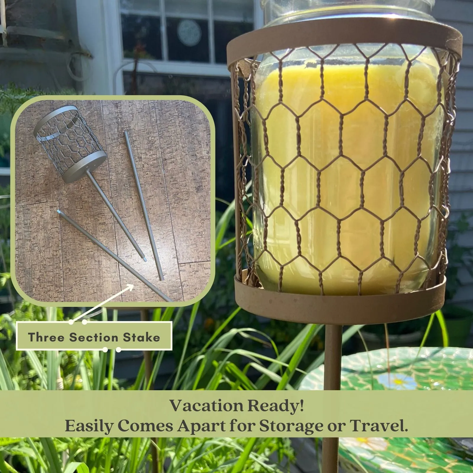 Decorative Outdoor Cup & Candle Holder Garden Brown Stakes | Set of 2, 36" Tall | Solid Metal, Fits Mason Jars, Farmhouse Look