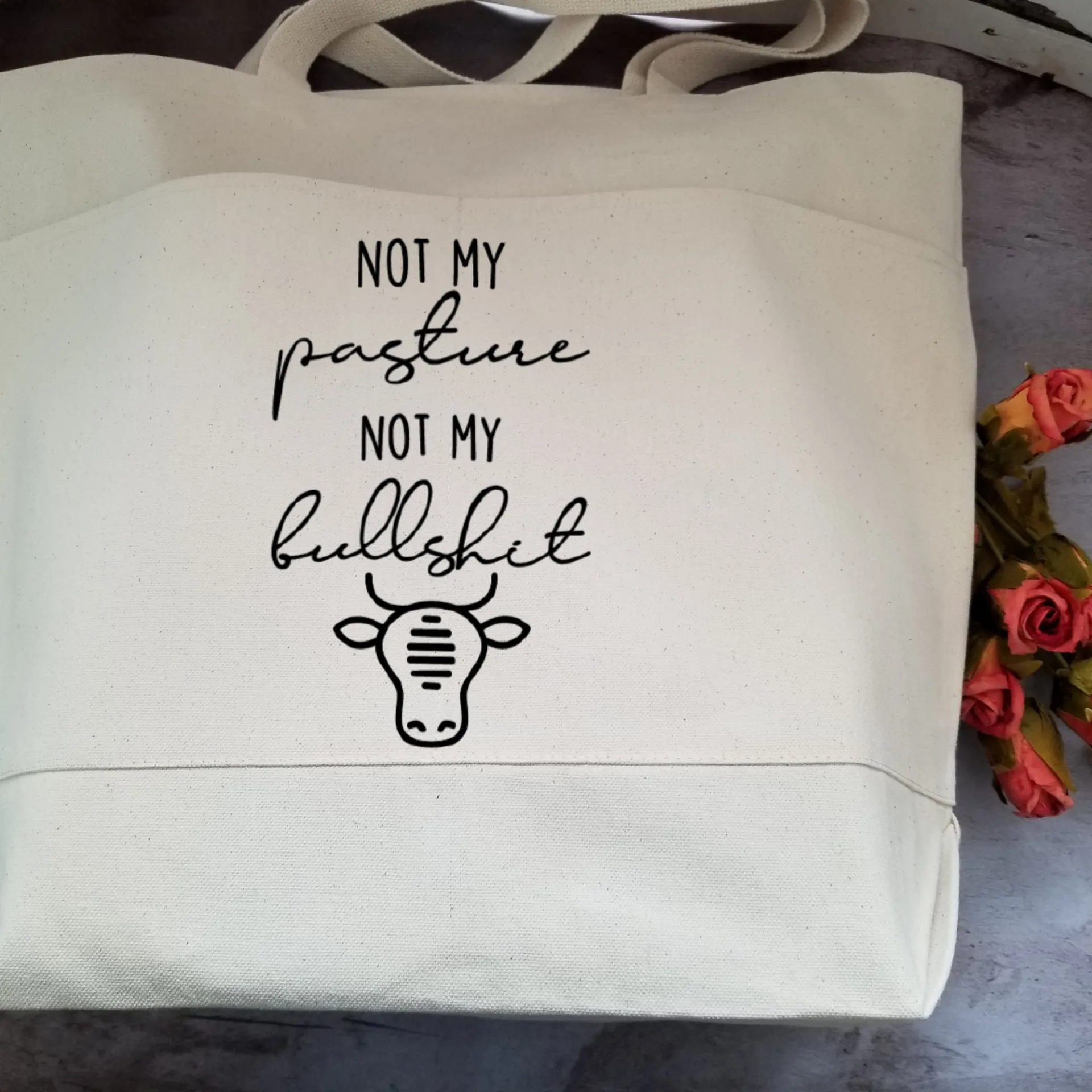 Farmhouse Heavy Cotton Canvas Tote | Large Funny Tote Bag with Pockets | Reusable Bag for Shopping, Beach. Books, or Overnight