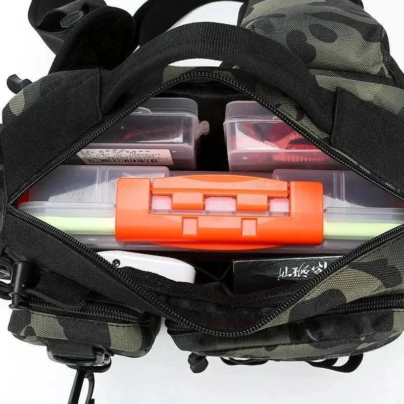 Fishing Tackle Sling Bag, Durable Nylon, Two-Layer Design, Rod Holder, Adjustable Straps, Reflective Strip, Available in Black, Khaki, Black Camo