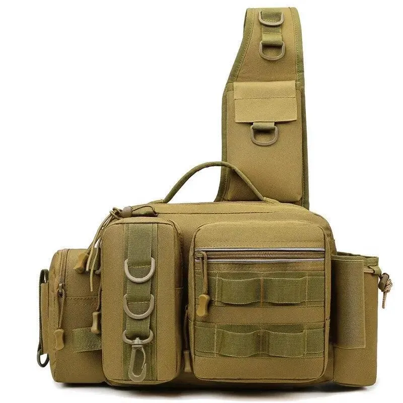 Fishing Tackle Sling Bag, Durable Nylon, Two-Layer Design, Rod Holder, Adjustable Straps, Reflective Strip, Available in Black, Khaki, Black Camo