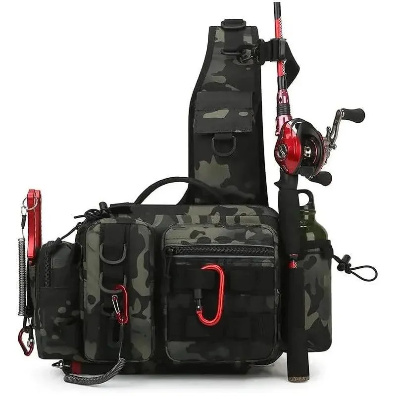 Fishing Tackle Sling Bag, Durable Nylon, Two-Layer Design, Rod Holder, Adjustable Straps, Reflective Strip, Available in Black, Khaki, Black Camo