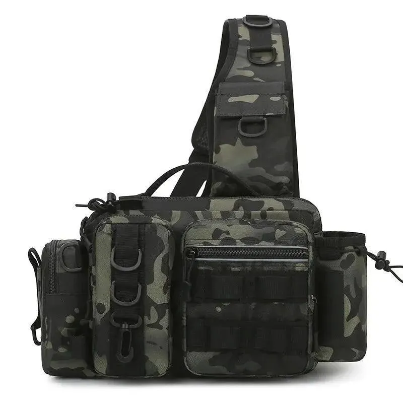 Fishing Tackle Sling Bag, Durable Nylon, Two-Layer Design, Rod Holder, Adjustable Straps, Reflective Strip, Available in Black, Khaki, Black Camo