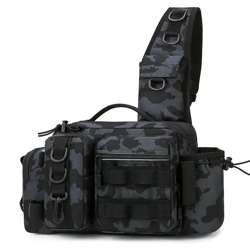 Fishing Tackle Sling Bag, Durable Nylon, Two-Layer Design, Rod Holder, Adjustable Straps, Reflective Strip, Available in Black, Khaki, Black Camo