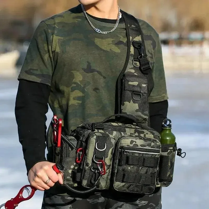 Fishing Tackle Sling Bag, Durable Nylon, Two-Layer Design, Rod Holder, Adjustable Straps, Reflective Strip, Available in Black, Khaki, Black Camo