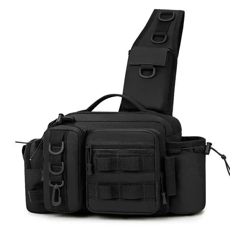 Fishing Tackle Sling Bag, Durable Nylon, Two-Layer Design, Rod Holder, Adjustable Straps, Reflective Strip, Available in Black, Khaki, Black Camo