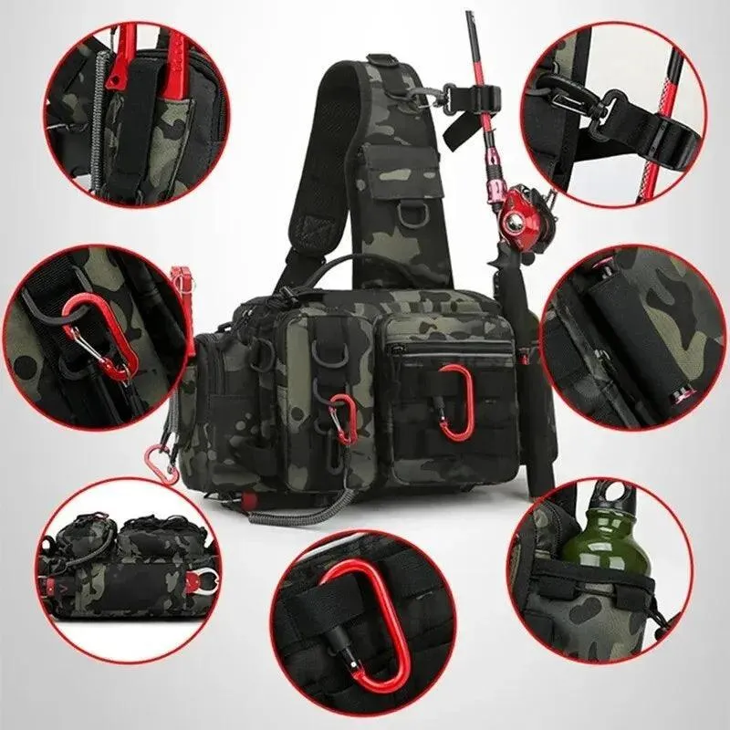 Fishing Tackle Sling Bag, Durable Nylon, Two-Layer Design, Rod Holder, Adjustable Straps, Reflective Strip, Available in Black, Khaki, Black Camo