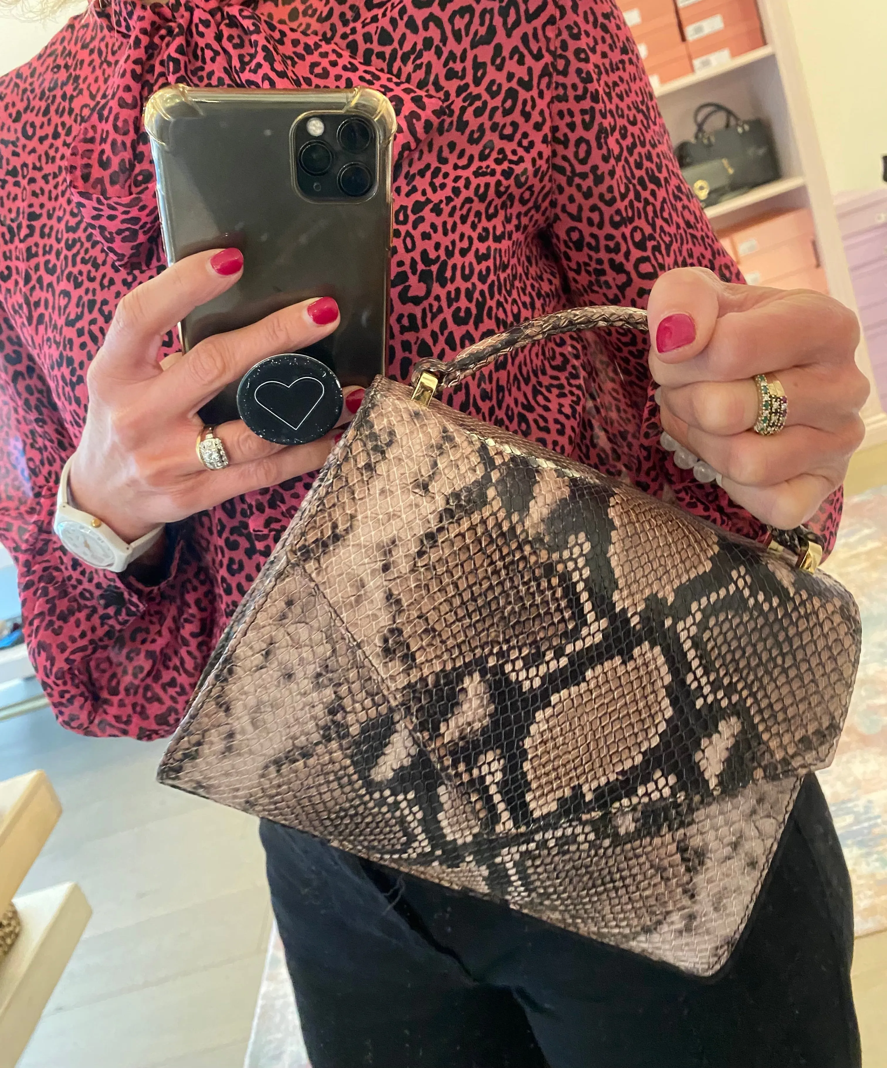 flo&sue Snake-embossed Top Handle Bag