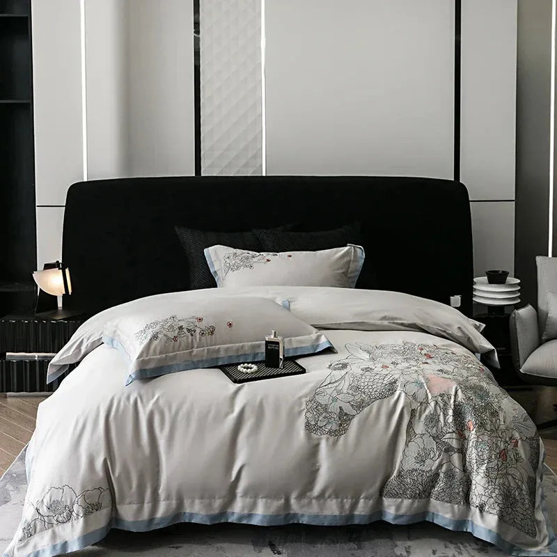 Flytonn-1000TC Egyptian Cotton Flowers Horse Embroidery Luxury Bedding Set 200x230cm/220x240cm Duvet Cover Set Bed Sheet Pillowcases