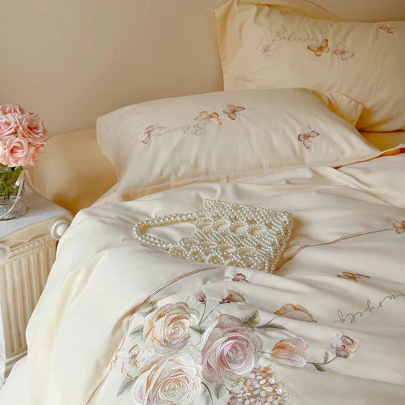 Flytonn-3/4Pcs Rose Flowers Embroidery Egyptian Cotton Brushed Bedding Set Single Queen King Size Duvet Cover Set Bed Sheet Pillowcases