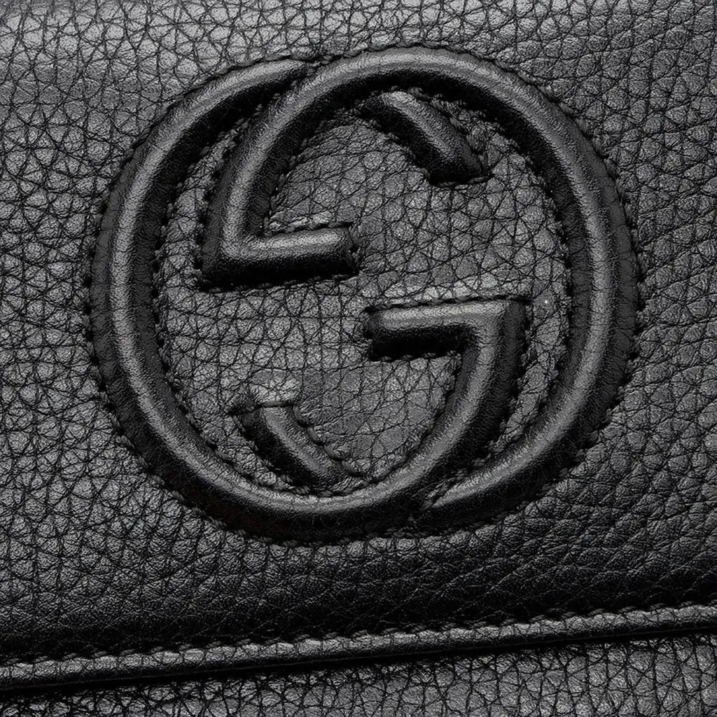 Gucci Soho Black Pebbled Leather Long Wallet Flap GG Large Authentic Italy NEW