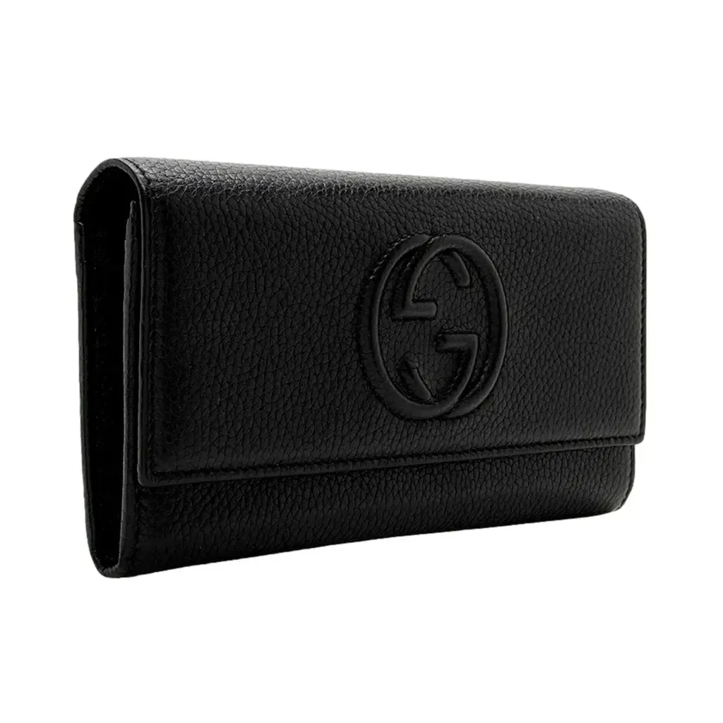 Gucci Soho Black Pebbled Leather Long Wallet Flap GG Large Authentic Italy NEW