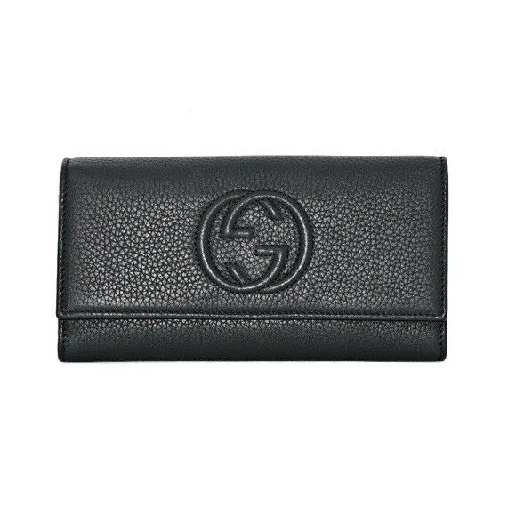 Gucci Soho Black Pebbled Leather Long Wallet Flap GG Large Authentic Italy NEW