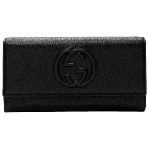 Gucci Soho Black Pebbled Leather Long Wallet Flap GG Large Authentic Italy NEW