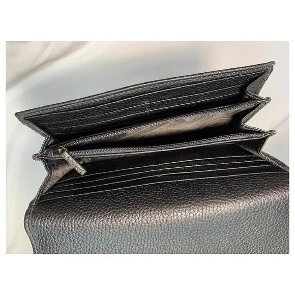 Gucci Soho Black Pebbled Leather Long Wallet Flap GG Large Authentic Italy NEW