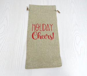 Holiday Cheers Merry Christmas Gift Wine Bag - Housewarming Party Decorations - Burlap Drawstring Wine Bag - Mr & Mrs - Holiday Tote Bag