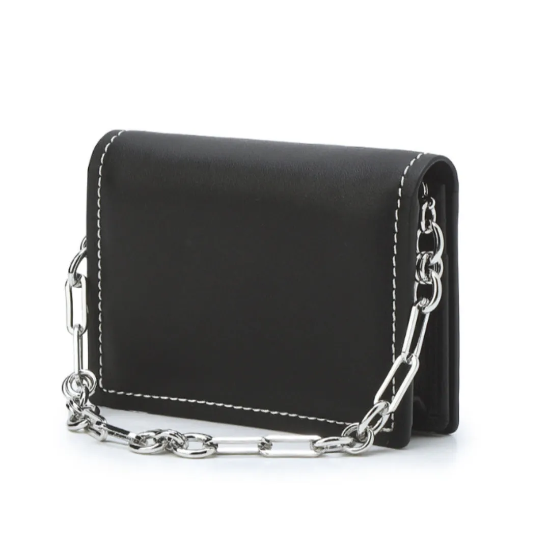 JILLSTUART NEW YORK Black Stitched Cowhide Half Wallet Folding Mini Wallet Detachable Chain Strap Stylish Design / from Seoul, Korea