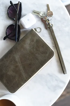 Leather Zipper Wallet Wristlet in Forest Green