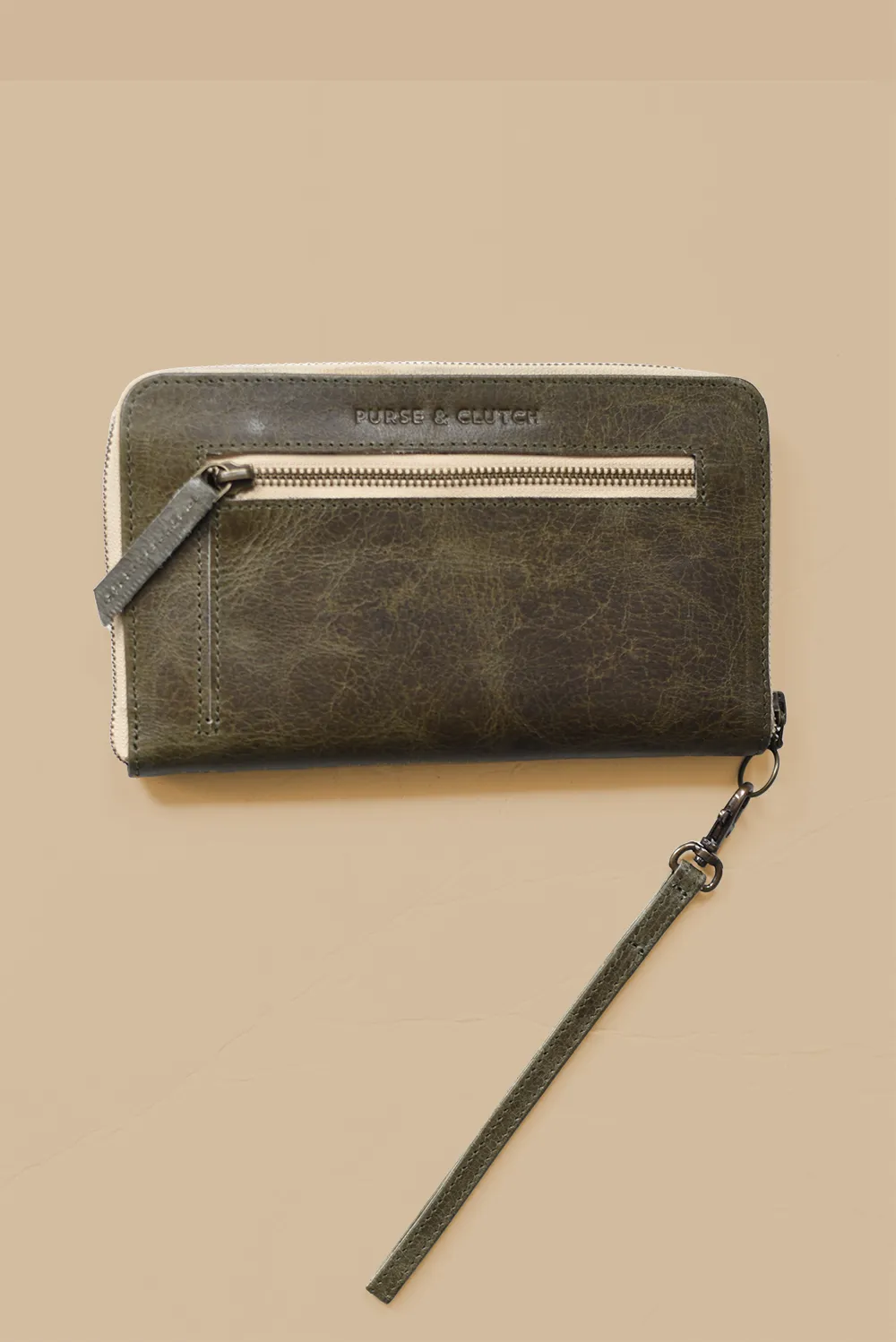 Leather Zipper Wallet Wristlet in Forest Green