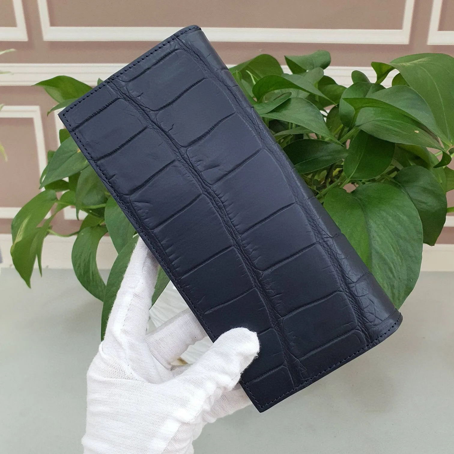 Matt Crocodile Leather Mens Suit Wallet Dark Blue