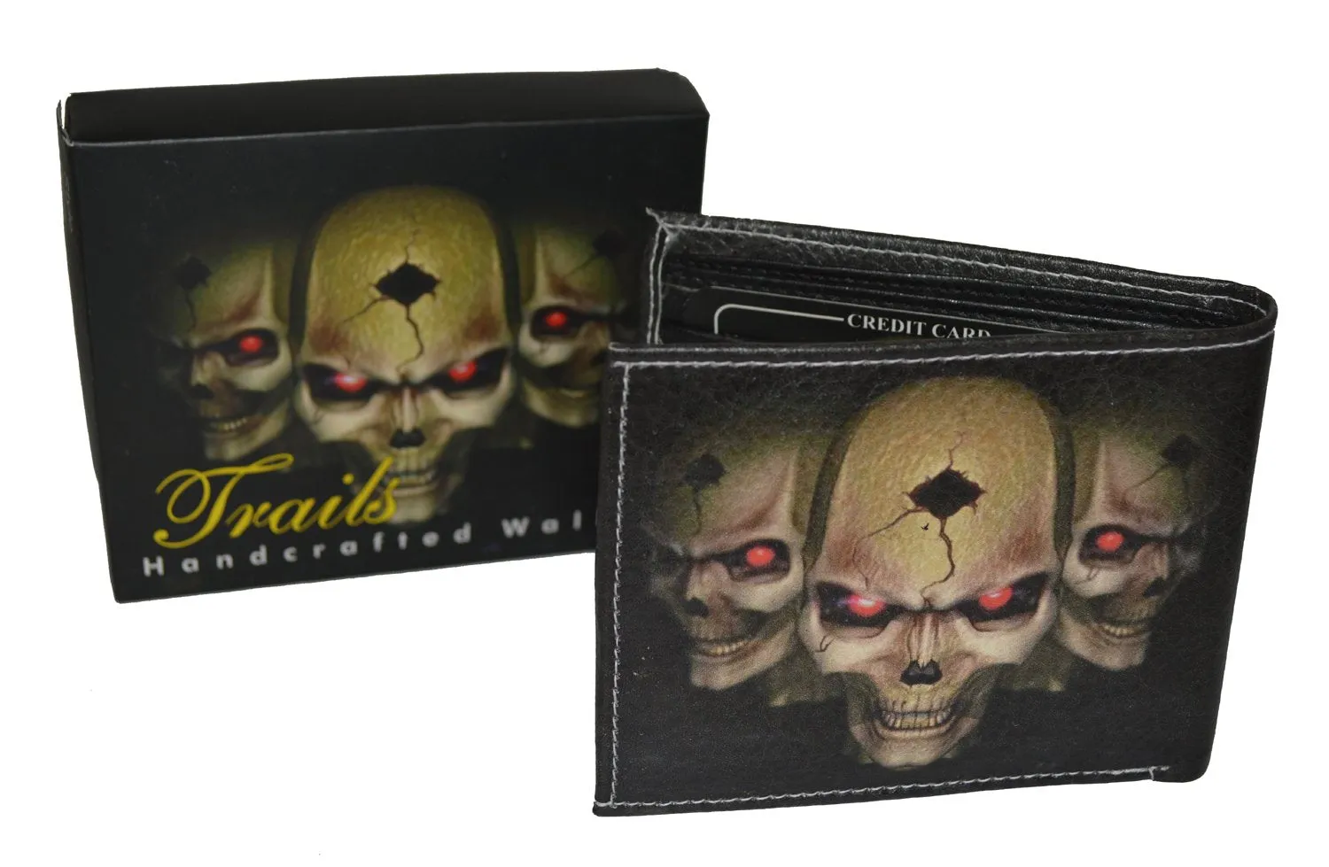 Mens Bifold Exotic Wallet Picture 3 Skulls with printed gift box
